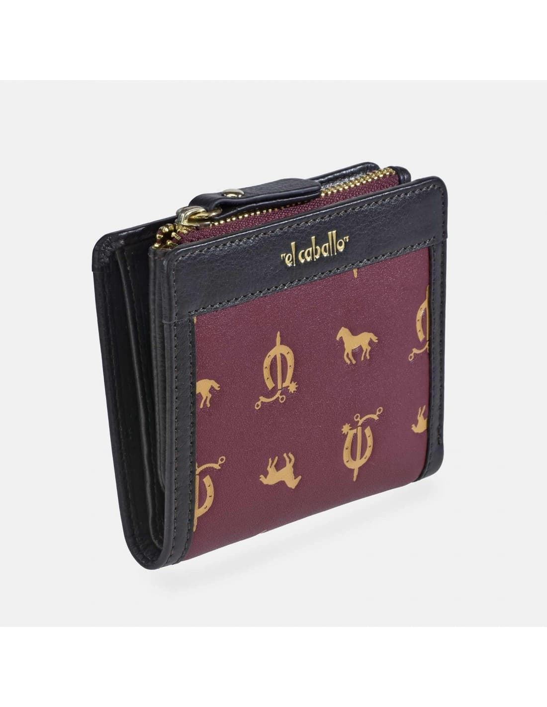 Billetero monedero "EL CABALLO" pequeño estampado caballitos color granate negro - Imagen 2