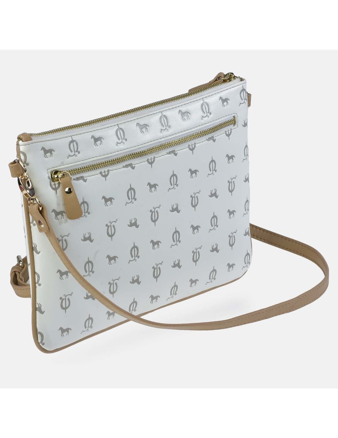 Bolso bandolera "EL CABALLO" plano tipo carpeta estampado caballitos color blanco - Imagen 3