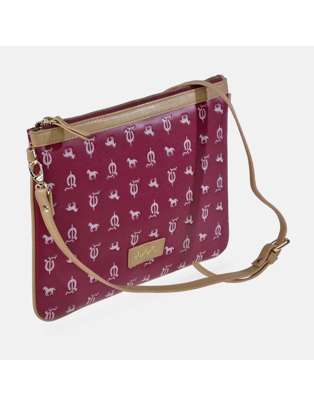Bolso bandolera "EL CABALLO" plano tipo carpeta estampado caballitos color guinda - Imagen 1