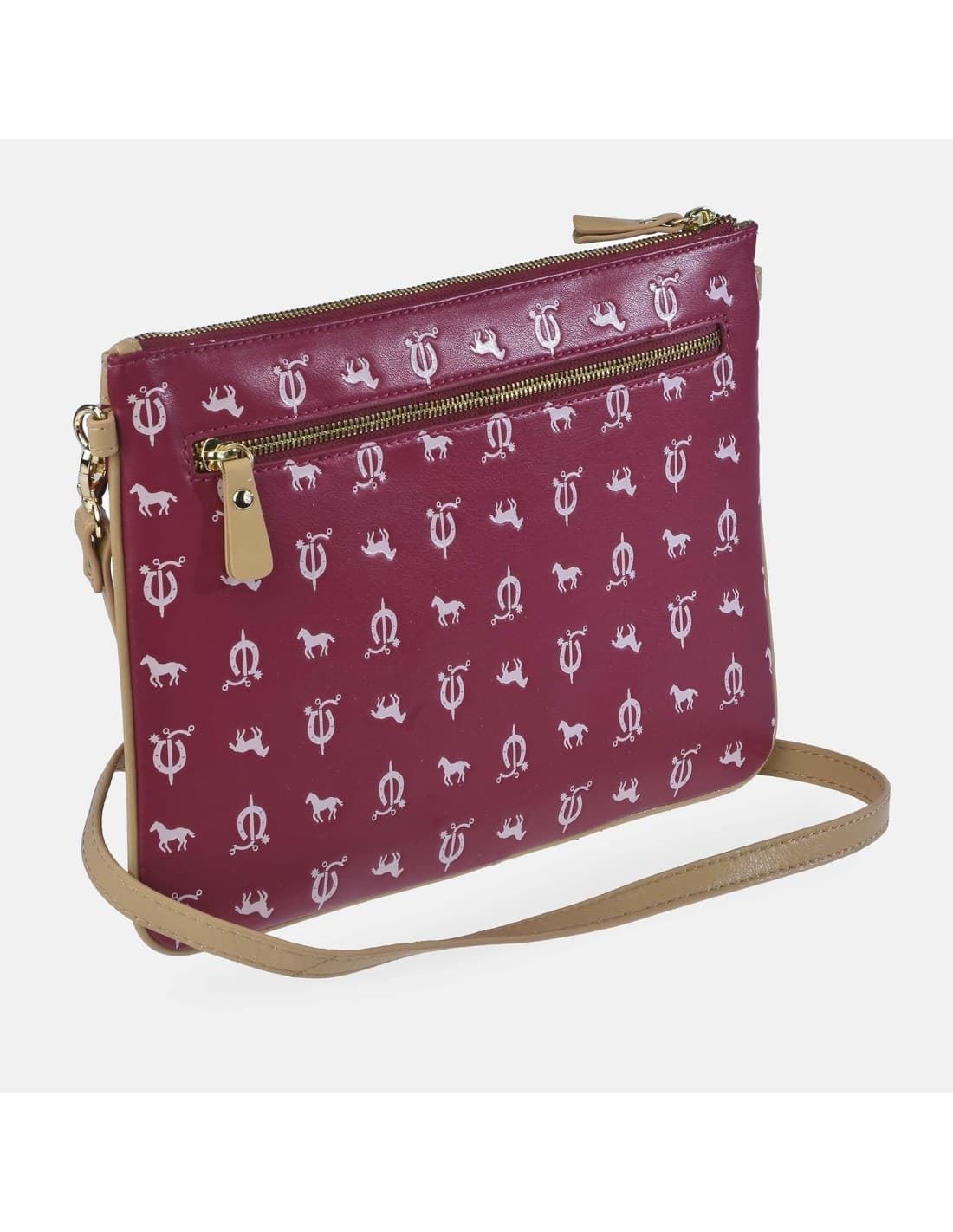 Bolso bandolera "EL CABALLO" plano tipo carpeta estampado caballitos color guinda - Imagen 2