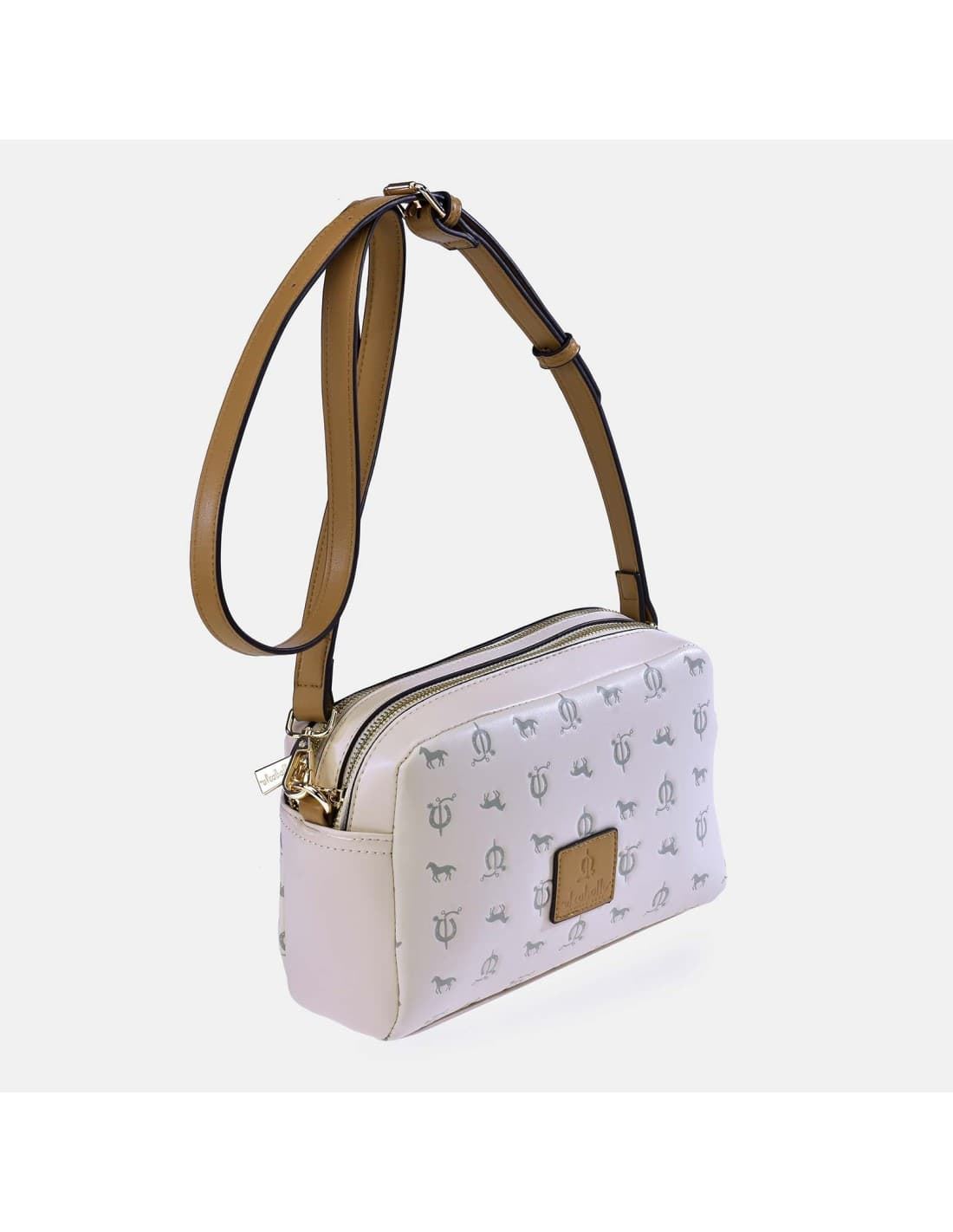 Bolso "EL CABALLO" bandolera doble cremallera estampado caballitos color beige camel - Imagen 1
