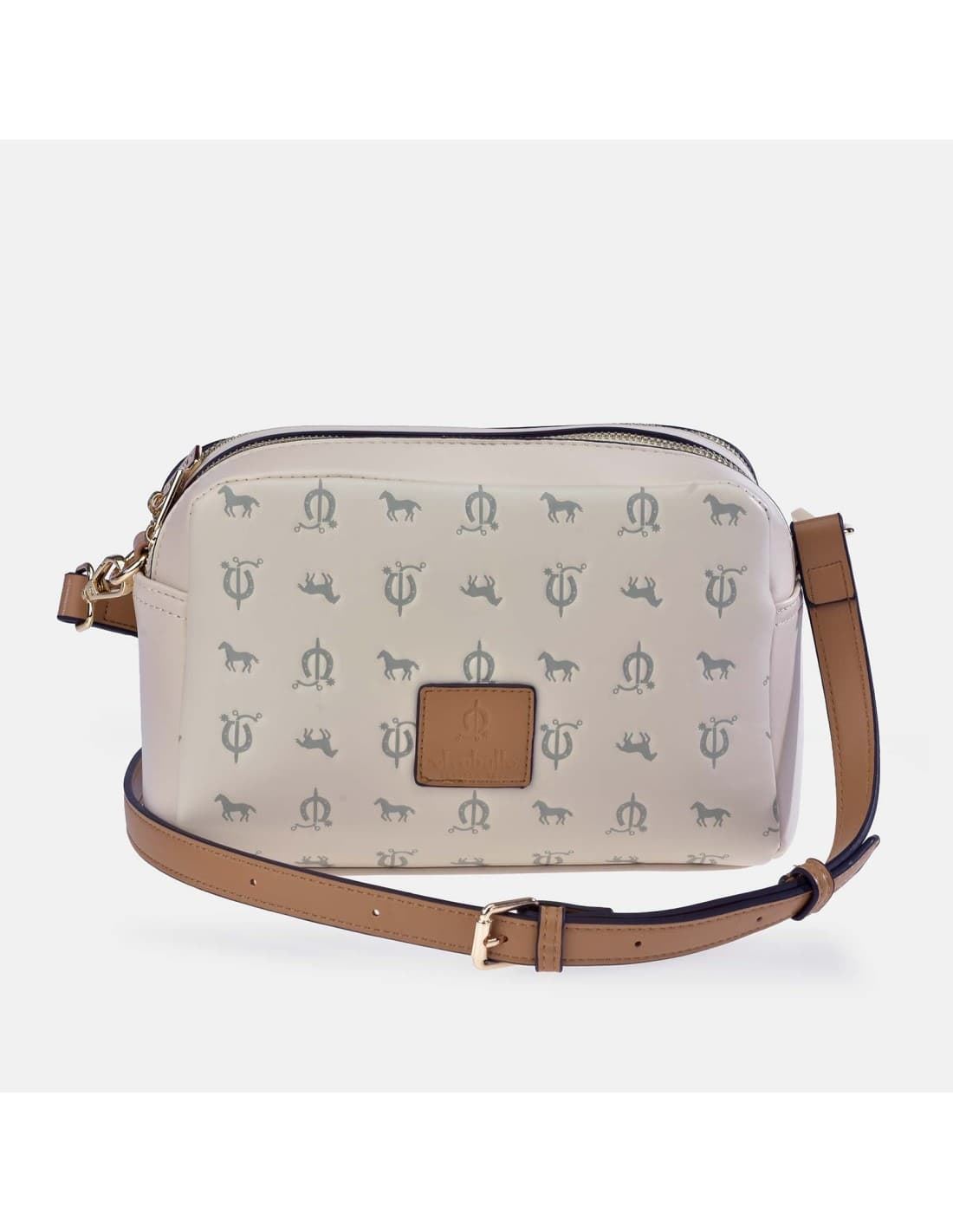 Bolso "EL CABALLO" bandolera doble cremallera estampado caballitos color beige camel - Imagen 2