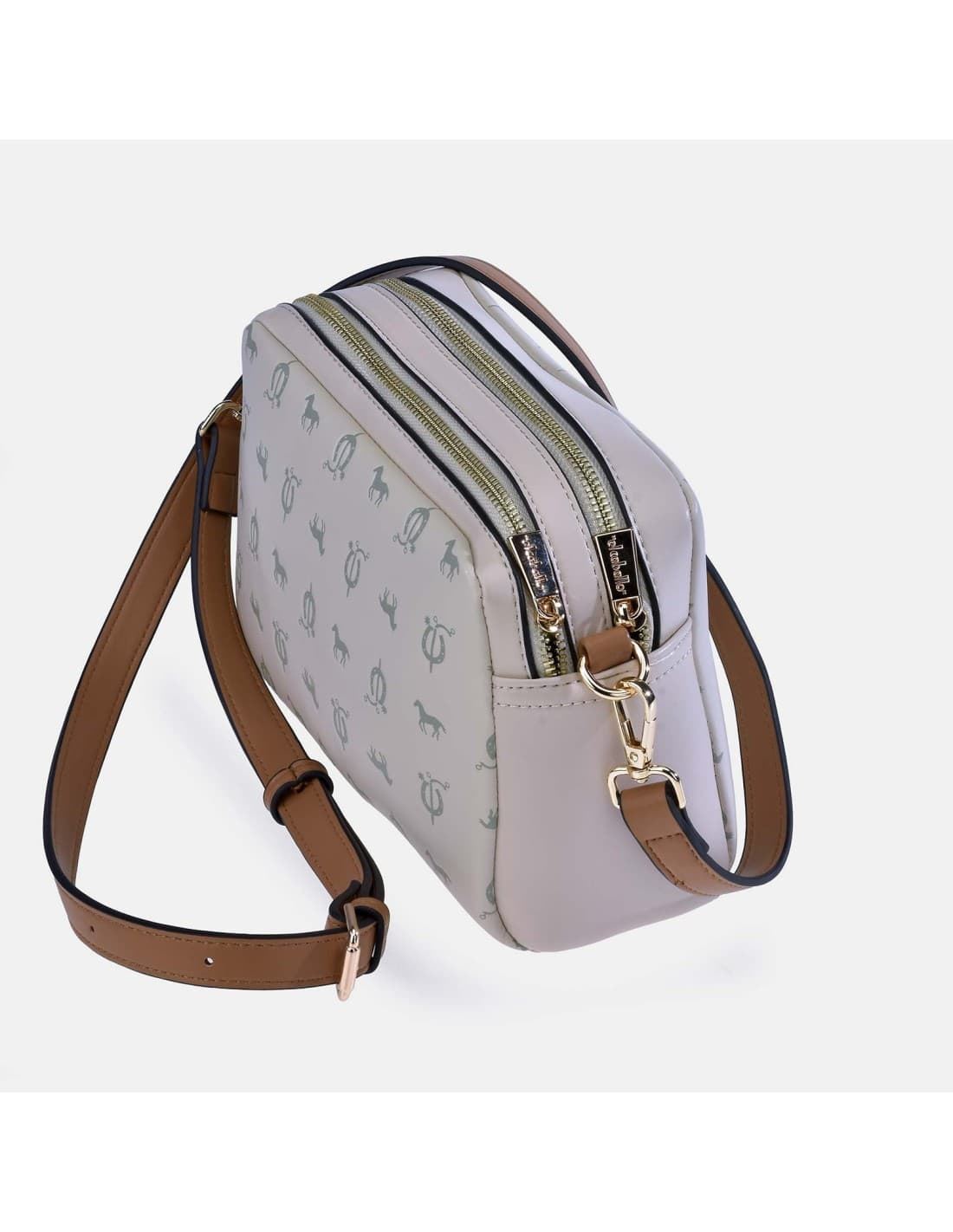 Bolso "EL CABALLO" bandolera doble cremallera estampado caballitos color beige camel - Imagen 3