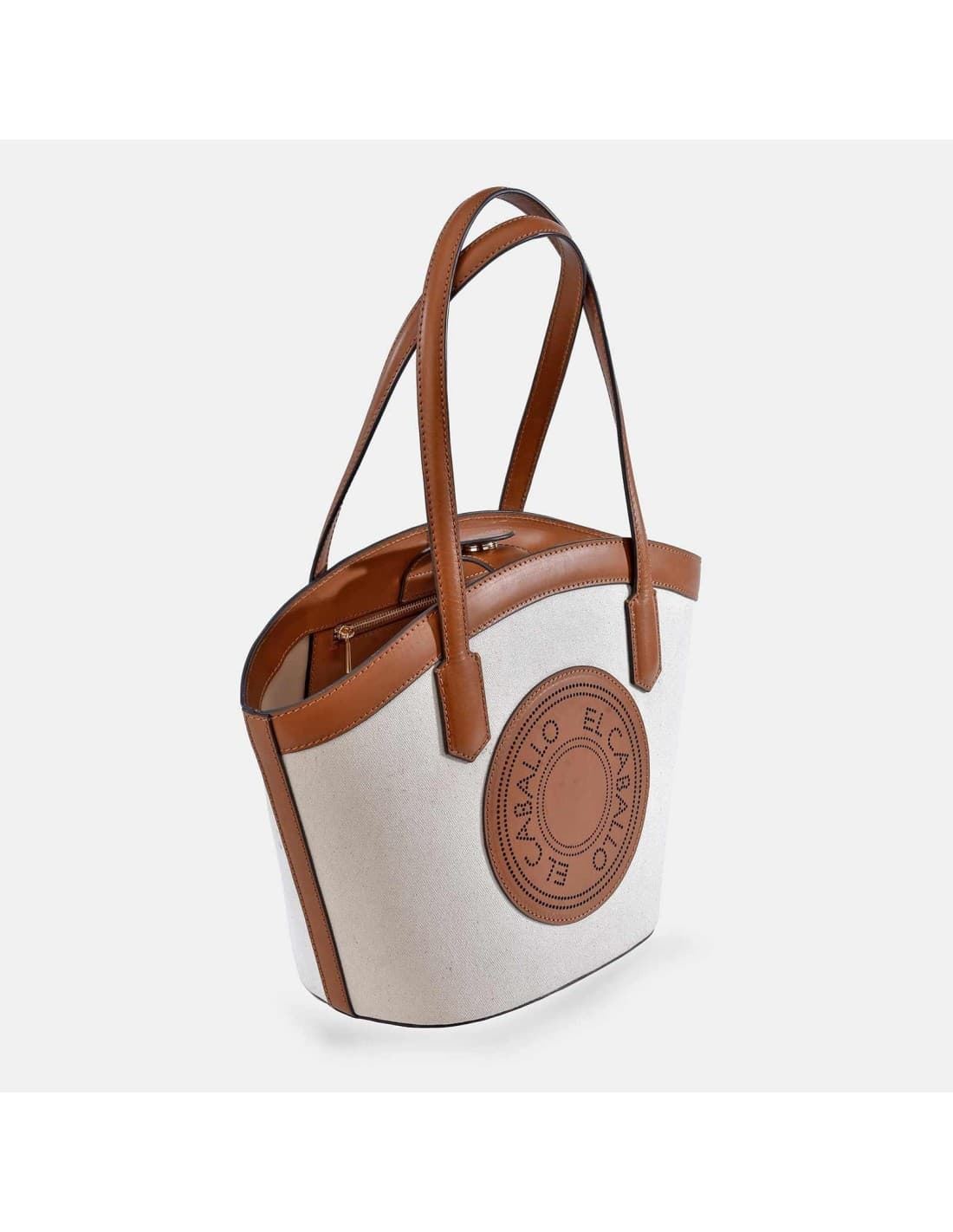 Bolso "EL CABALLO" dos asas color marfil detalles cuero - Imagen 3