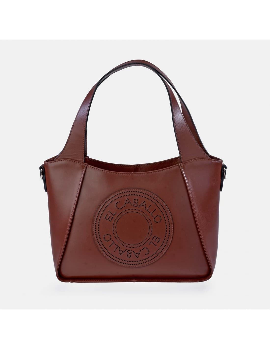 Bolso "EL CABALLO" dos asas y bandolera cremallera piel perforada marrón - Imagen 4