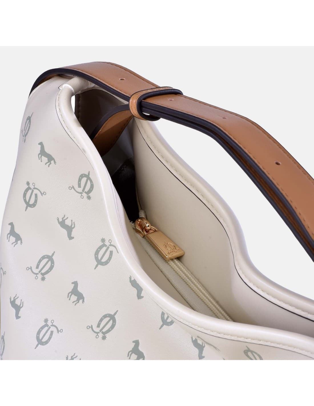 Bolso "EL CABALLO" Hobo asa corta estampado caballitos color beige camel - Imagen 3