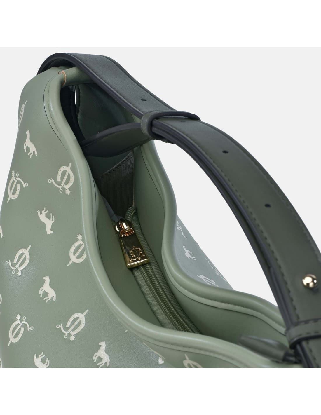 Bolso "EL CABALLO" Hobo asa corta estampado caballitos color verde agua - Imagen 3
