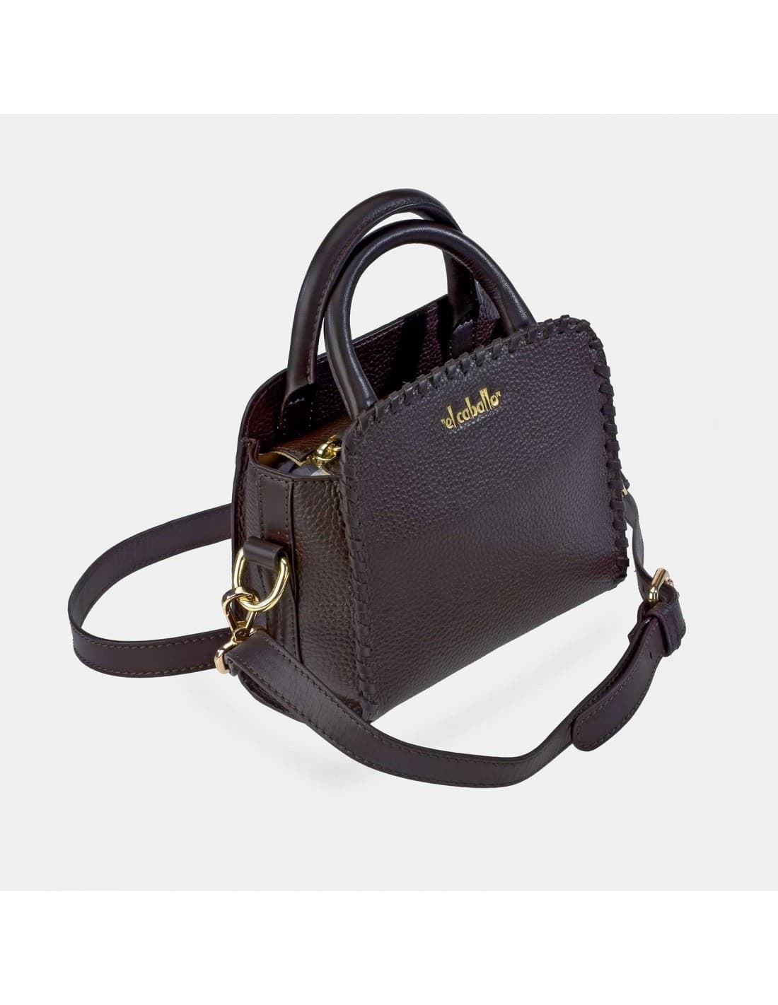 Bolso "EL CABALLO" mini dos asas y bandolera costura piel color marrón - Imagen 1