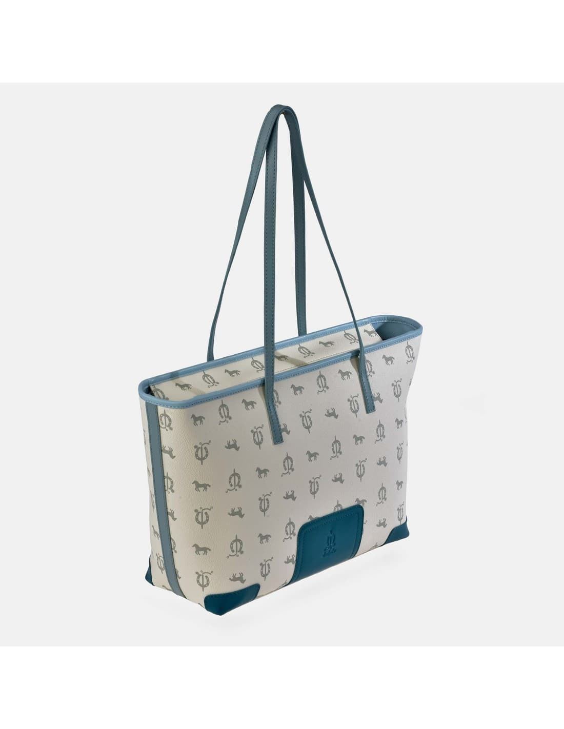 Bolso "EL CABALLO" shopping dos asas blanco detalles azul - Imagen 1