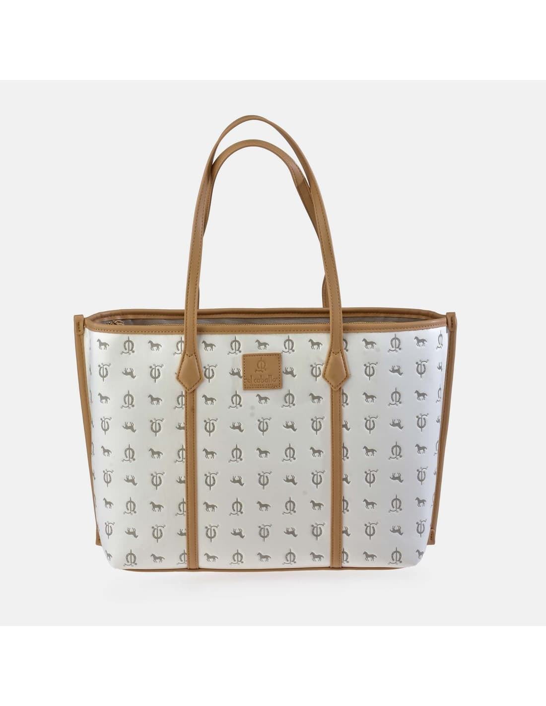 Bolso shopping "EL CABALLO" dos asas estampado caballitos color blanco - Imagen 1