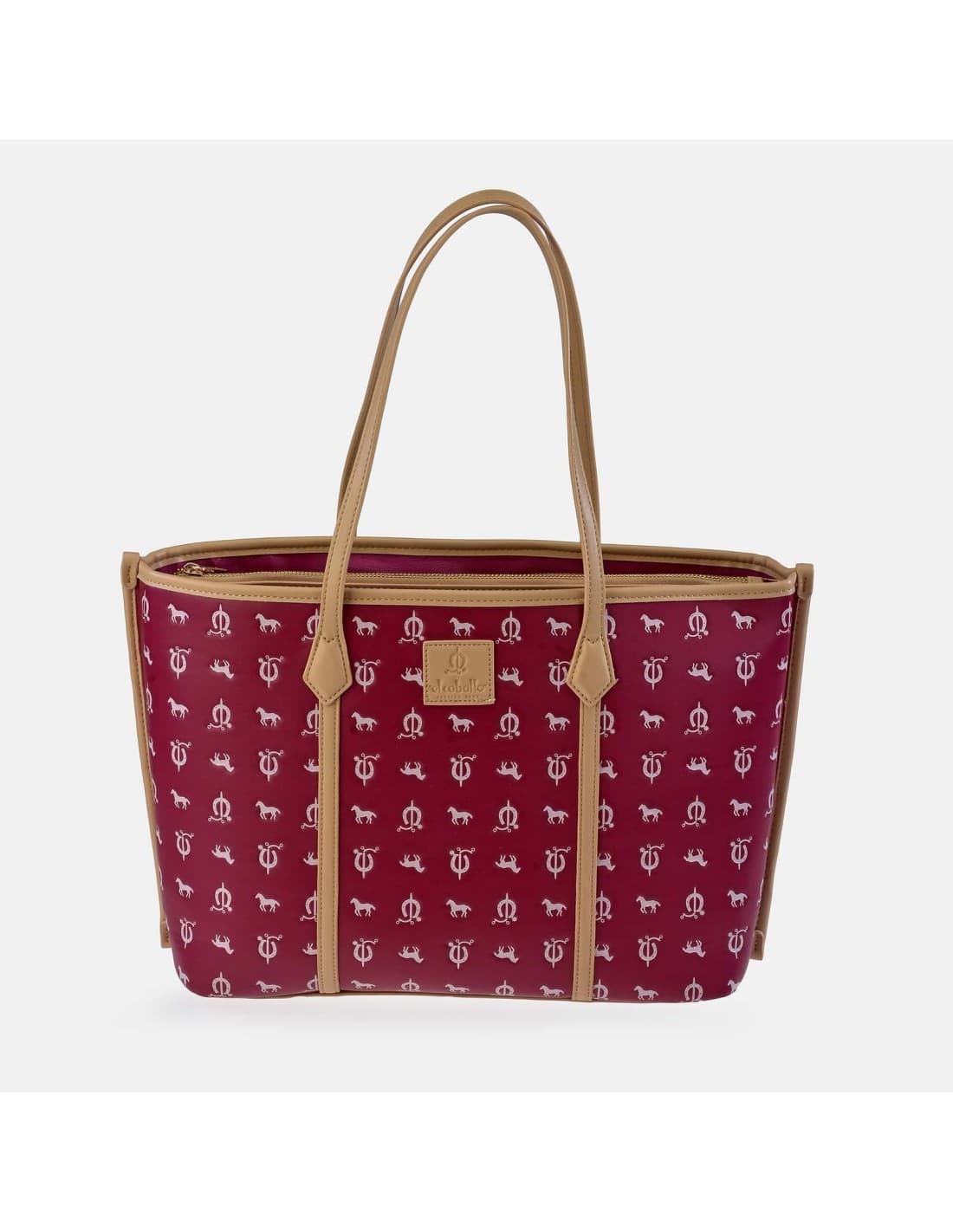 Bolso shopping "EL CABALLO" dos asas estampado caballitos color guinda - Imagen 3