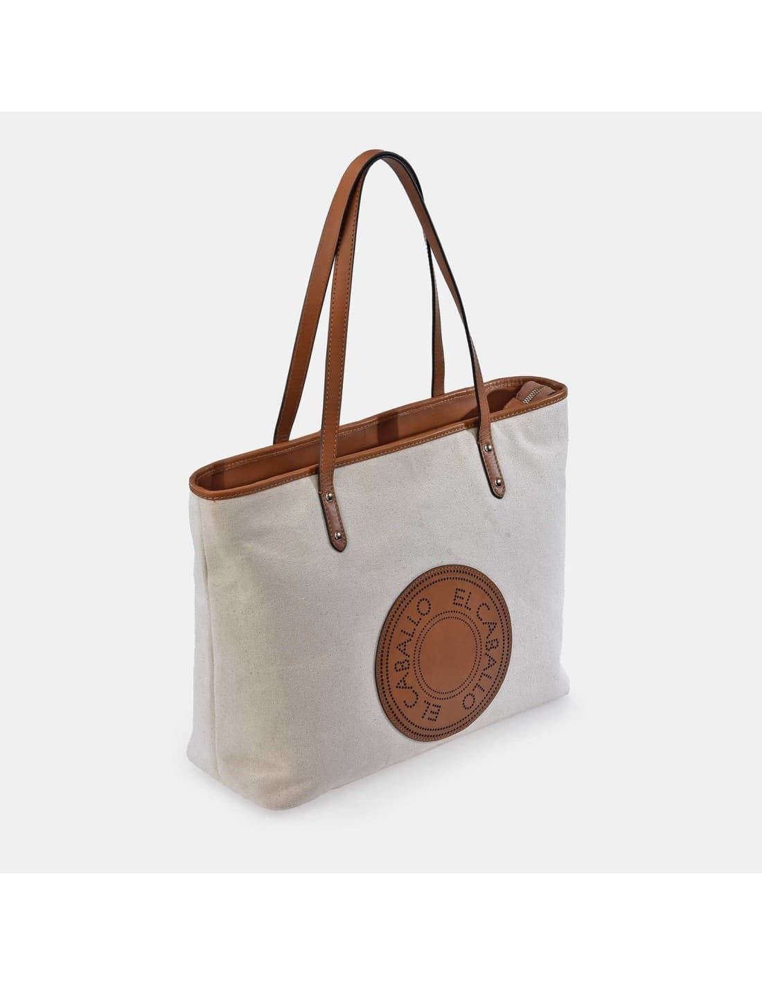 Bolso shopping "EL CABALLO" dos asas lona marfil detalles cuero - Imagen 1