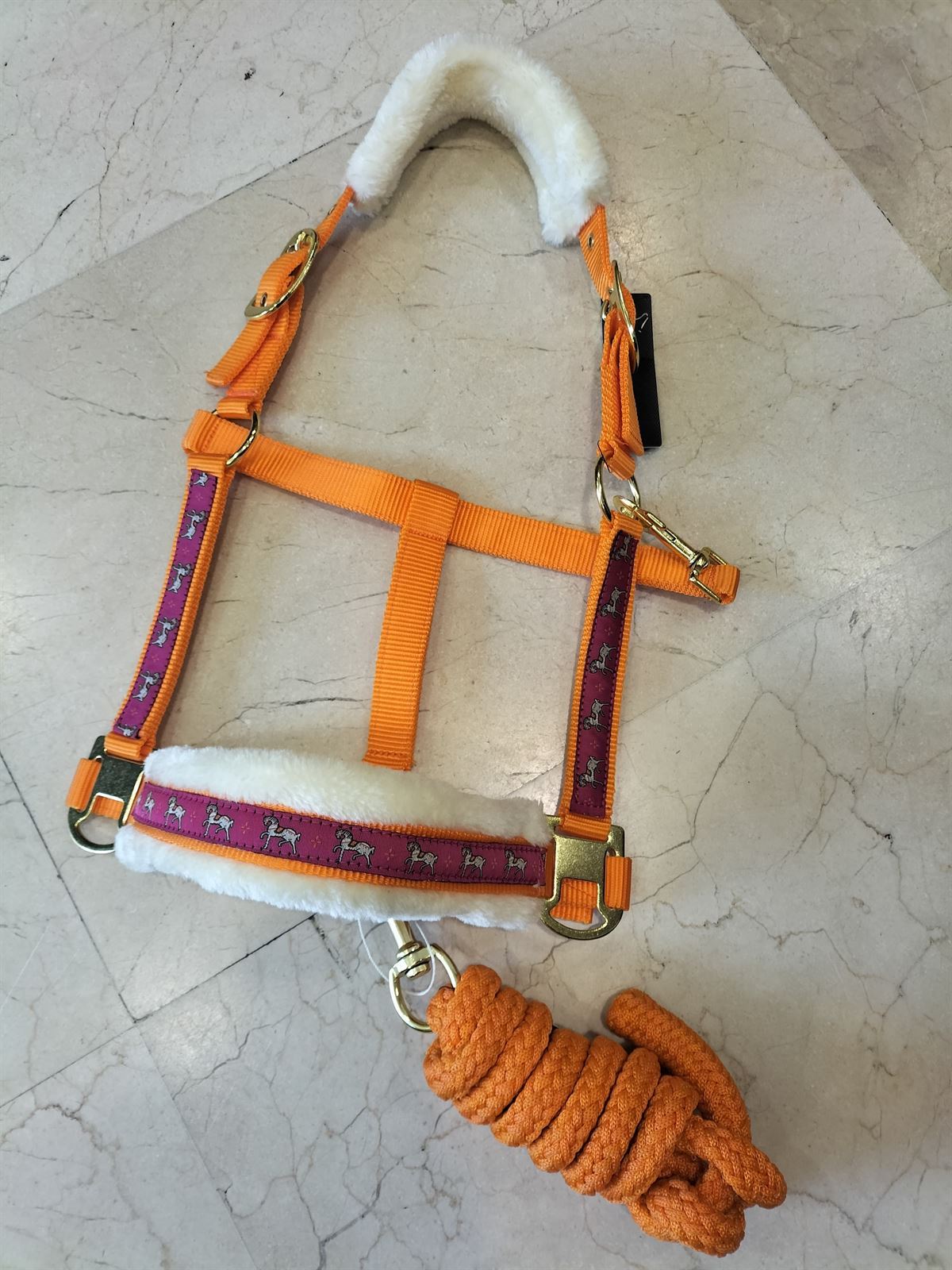 Cabezada cuadra con ramal HKM Sports Equipment Allure color naranja/fucsia estampado caballitos TALLA COB ramal 1,80 metros - Imagen 1