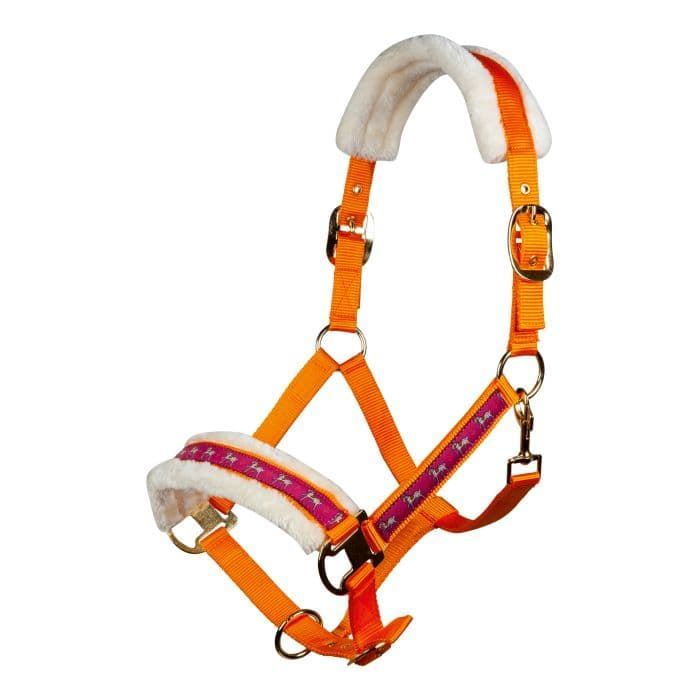 Cabezada cuadra con ramal HKM Sports Equipment Allure color naranja/fucsia estampado caballitos TALLA COB ramal 1,80 metros - Imagen 3