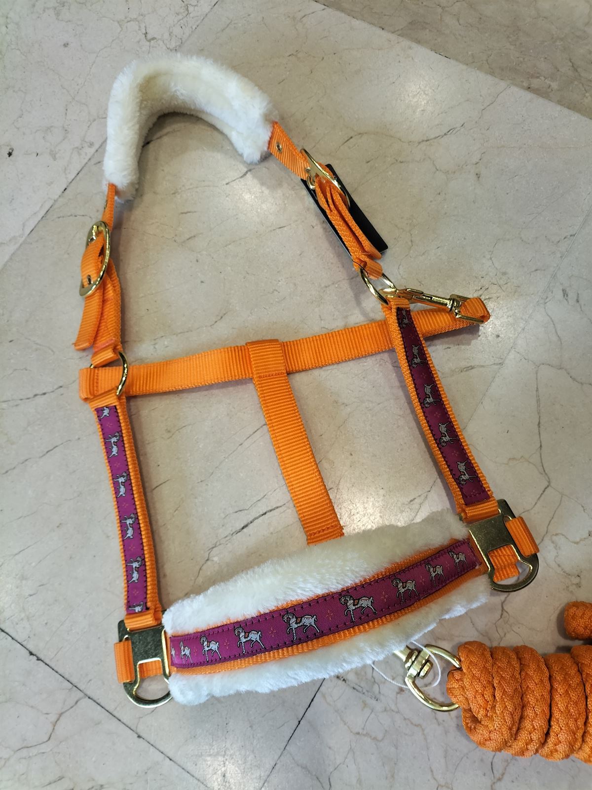 Cabezada cuadra con ramal HKM Sports Equipment Allure color naranja/fucsia estampado caballitos TALLA COB ramal 1,80 metros - Imagen 4