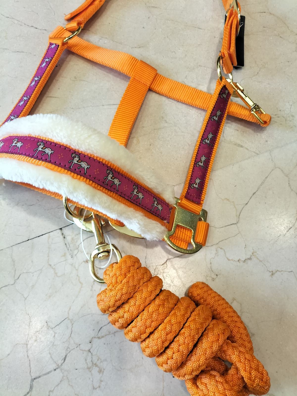 Cabezada cuadra con ramal HKM Sports Equipment Allure color naranja/fucsia estampado caballitos TALLA COB ramal 1,80 metros - Imagen 5