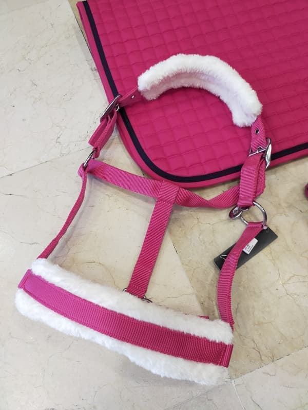 Cabezada cuadra HKM Sports Equipment borreguillo color rosa fucsia talla PONY - Imagen 2