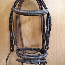 Cabezada de montar de cuero, con riendas de goma, con cierrabocas, color marrón chocolate, talla PONY - Imagen 1