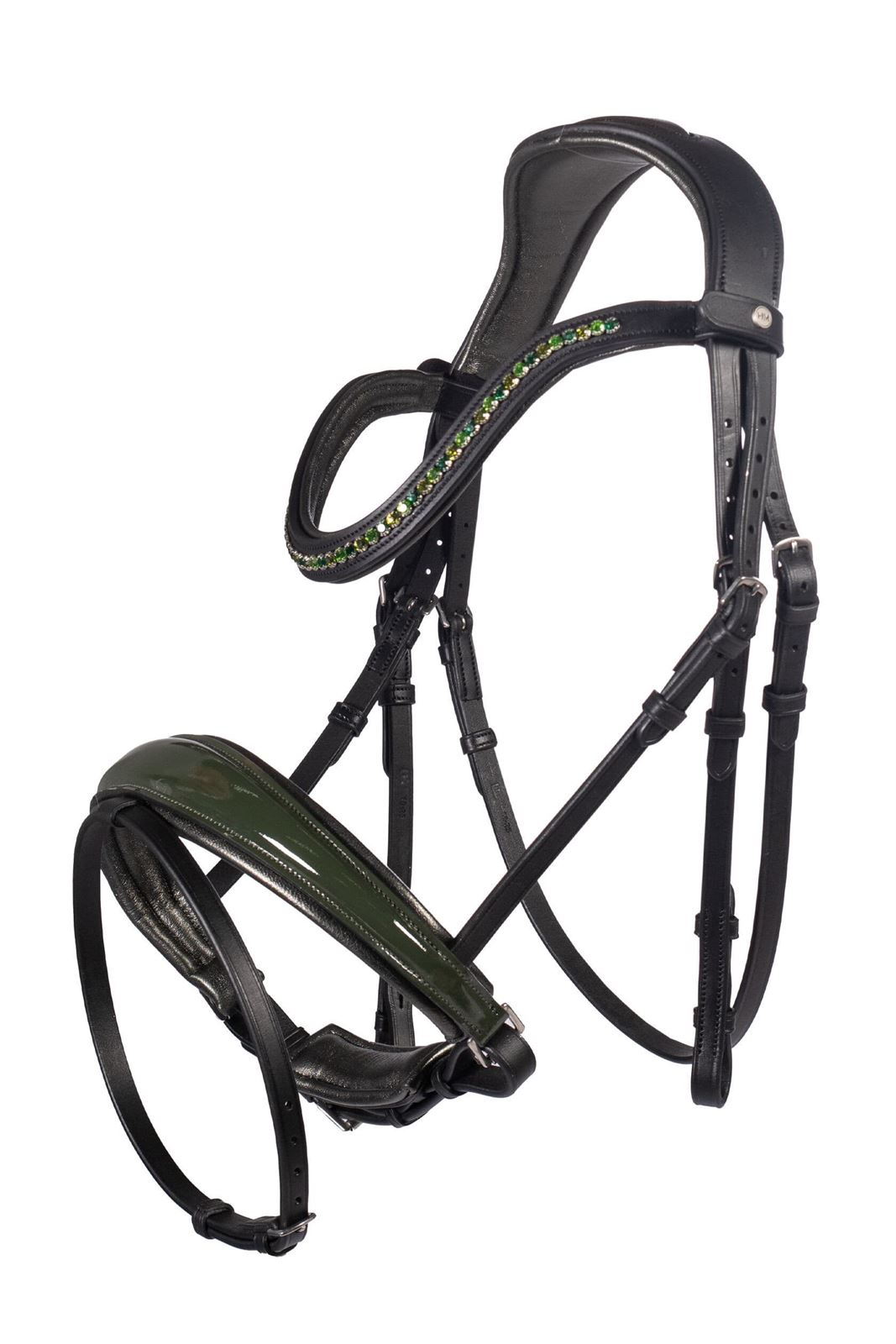 Cabezada de montar de cuero HKM Sports Equipment con frontalera cristales verdes, talla COB, color negro y verde charol - Imagen 1