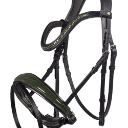 Cabezada de montar de cuero HKM Sports Equipment con frontalera cristales verdes, talla COB, color negro y verde charol - Imagen 1