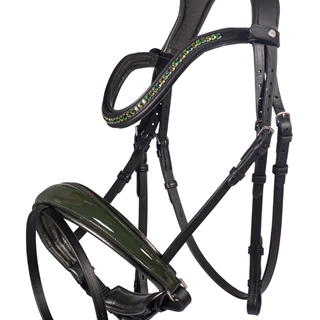 Cabezada de montar de cuero HKM Sports Equipment con frontalera cristales verdes, talla COB, color negro y verde charol - Imagen 1