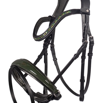 Cabezada de montar de cuero HKM Sports Equipment con frontalera cristales verdes, talla COB, color negro y verde charol - Imagen 1