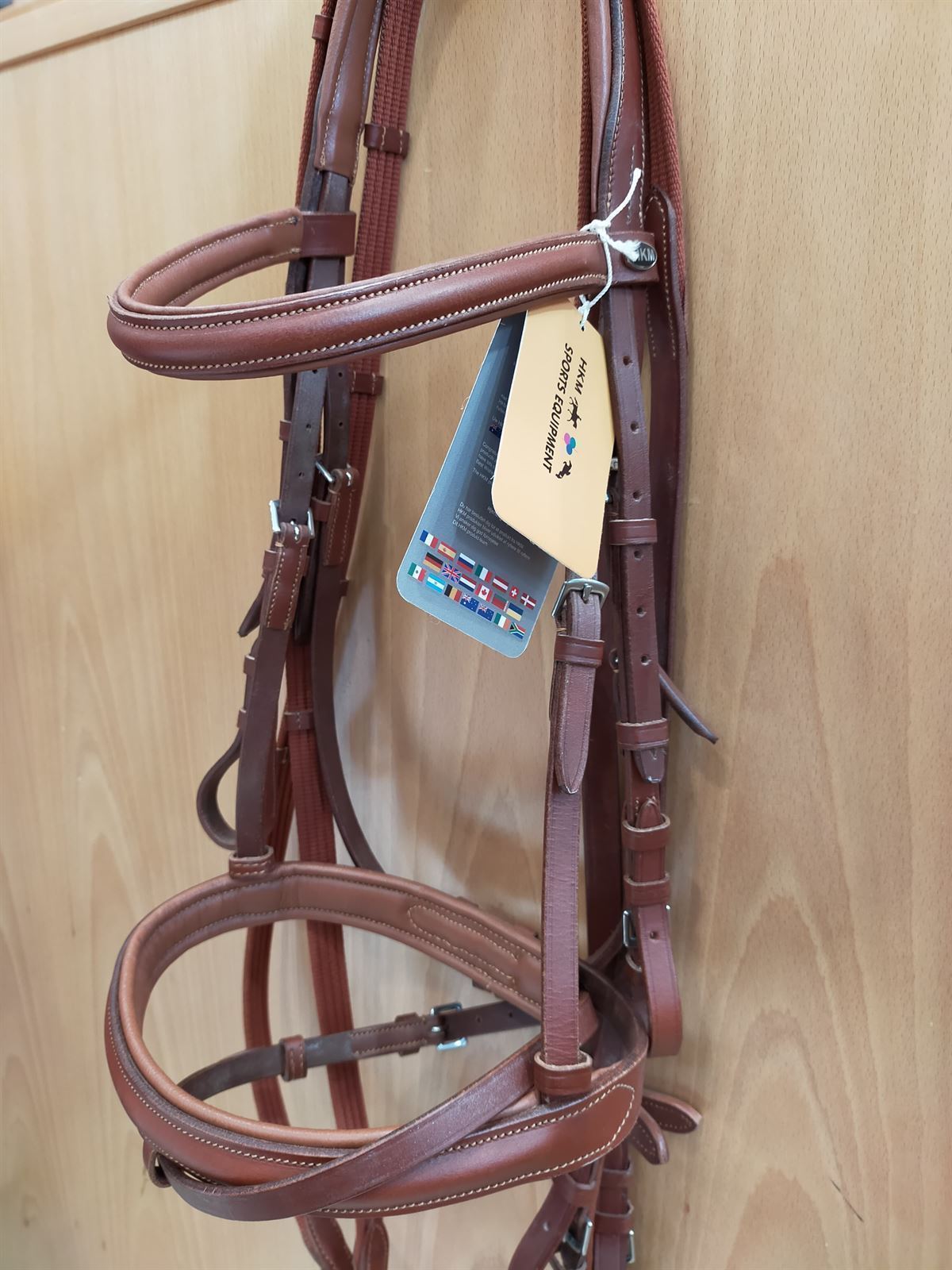 Cabezada de montar de cuero HKM Sports Equipment con riendas de lona, talla COB, color avellana - Imagen 1