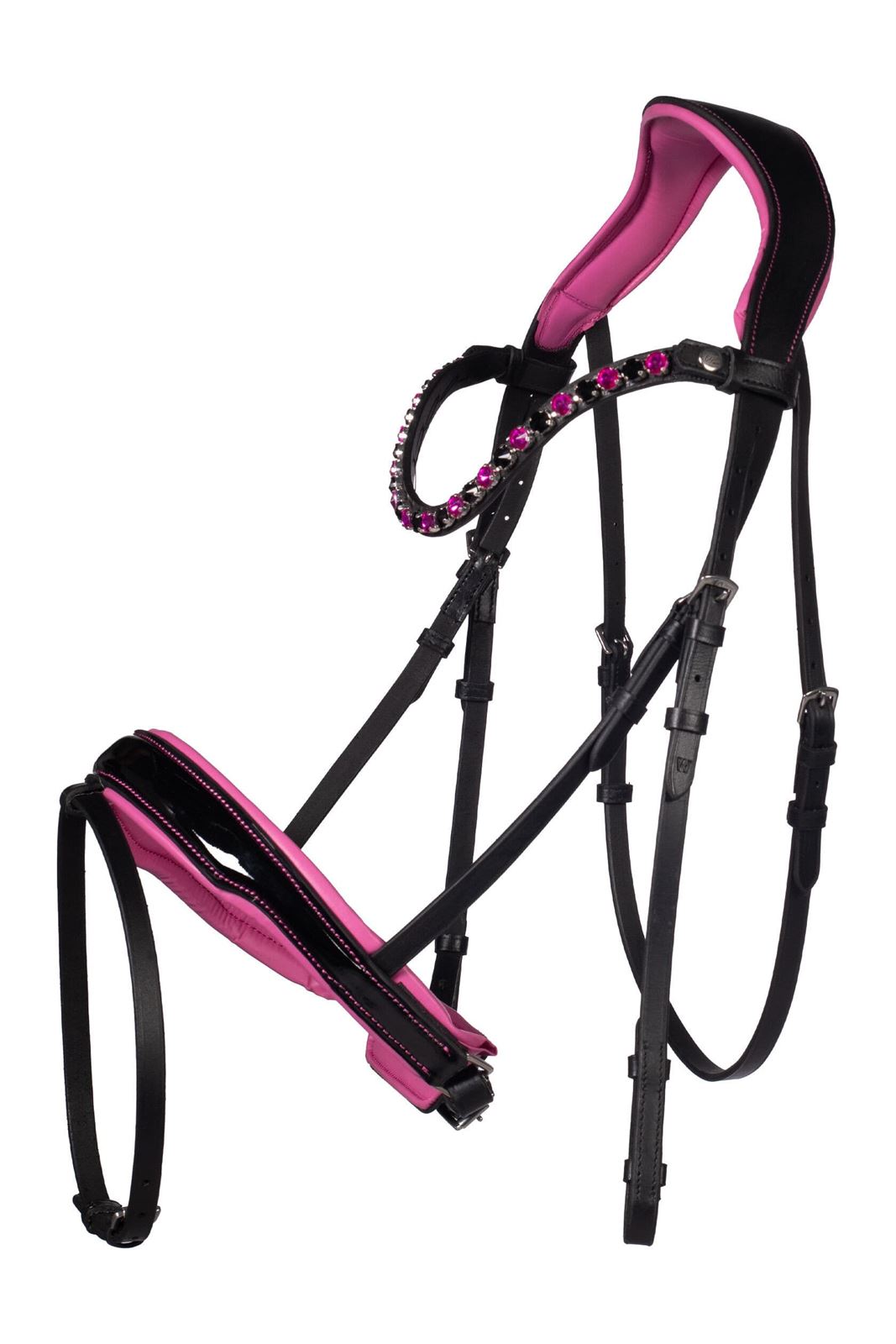 Cabezada de montar de cuero HKM Sports Equipment Manchester frontalera cristales rosa/negro, riendas antideslizantes, talla COB - Imagen 3