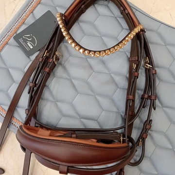 Cabezada de montar de cuero HKM Sports Equipment Marrakesh frontalera cristales dorados, riendas de lona, talla COB - Imagen 1