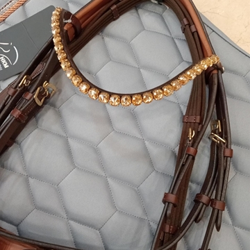 Cabezada de montar de cuero HKM Sports Equipment Marrakesh frontalera cristales dorados, riendas de lona, talla COB - Imagen 2