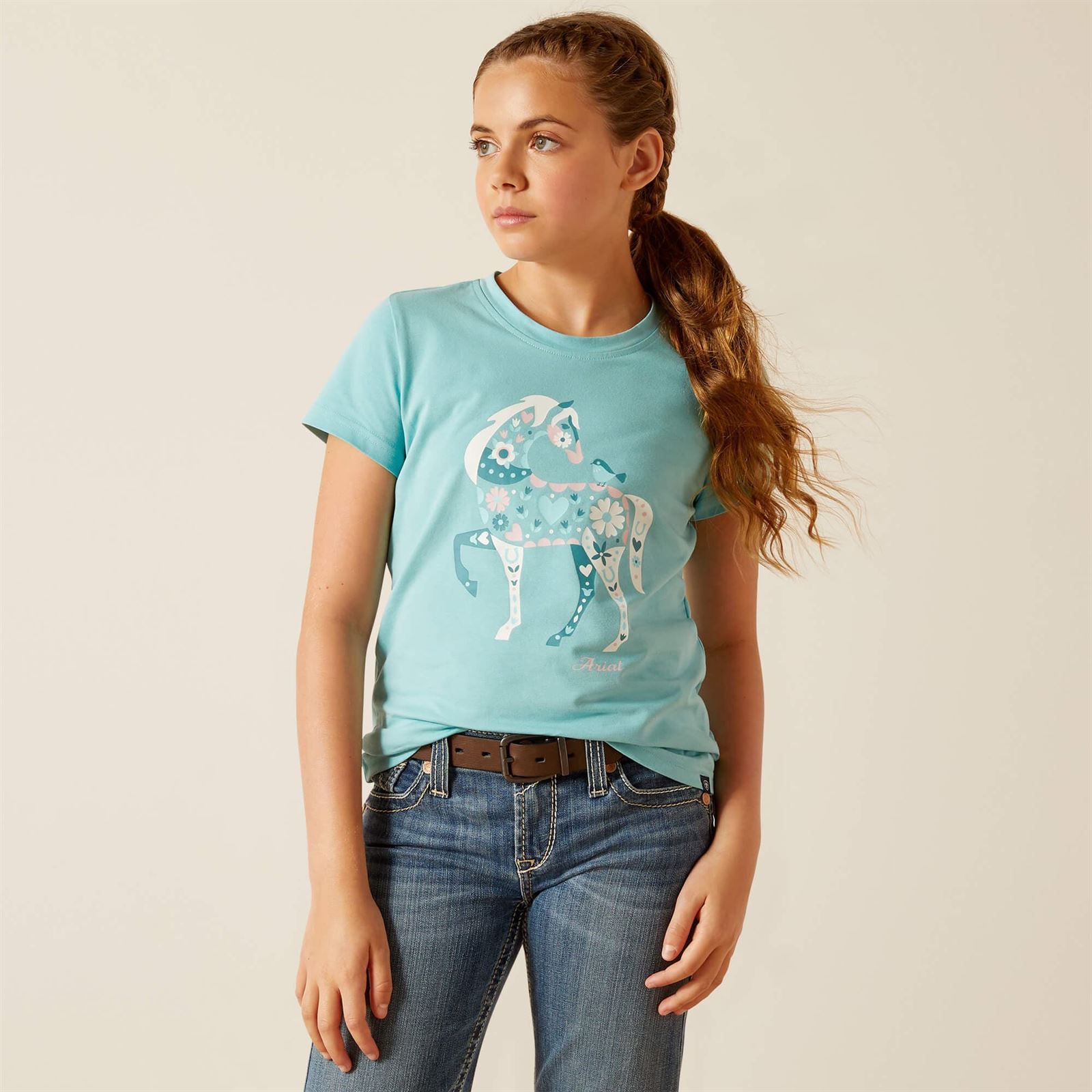 Camiseta Ariat niña Little Friend color azul turquesa caballo flores - Imagen 1