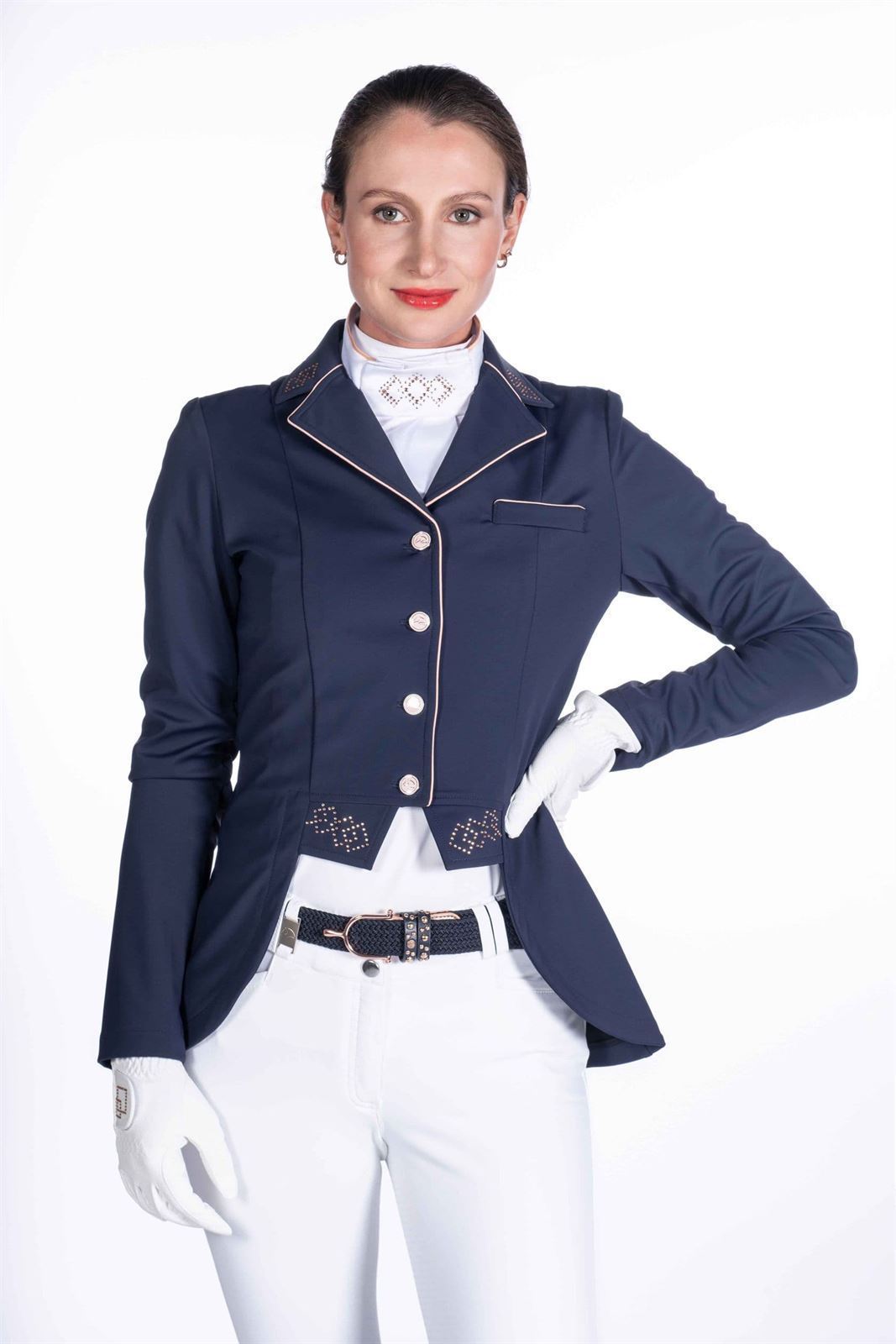 Chaqueta concurso frac corto mujer HKM Sports Equipment Audrey color azul marino con detalles rosegold - Imagen 1