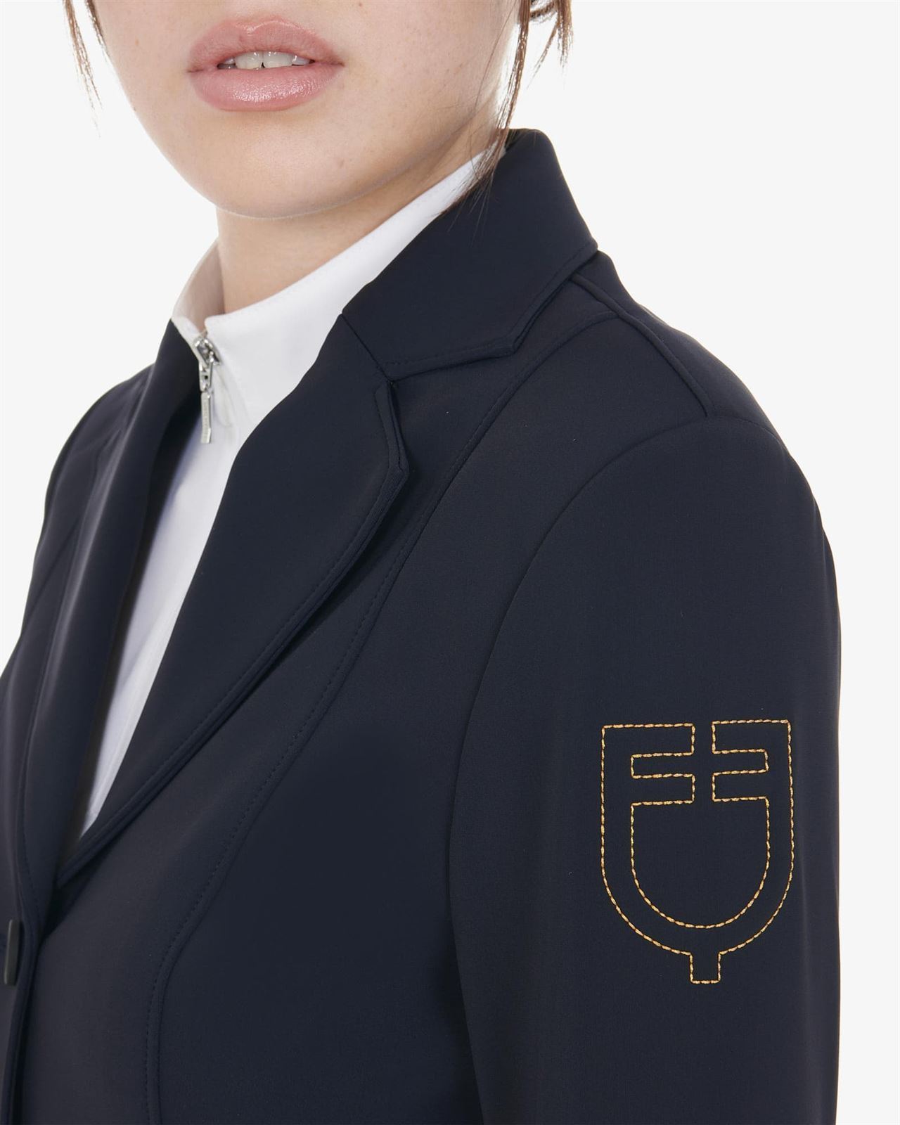 Chaqueta concurso mujer EQUESTRO Exclusive color azul marino logo hombro costura amarilla - Imagen 2