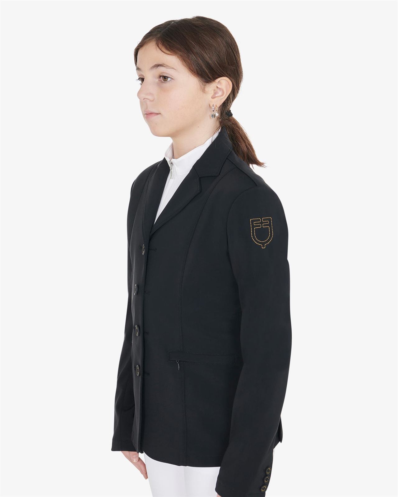 Chaqueta concurso UNISEX INFANTIL EQUESTRO Exclusive color negro logo hombro costura amarilla TALLA 12 - Imagen 1