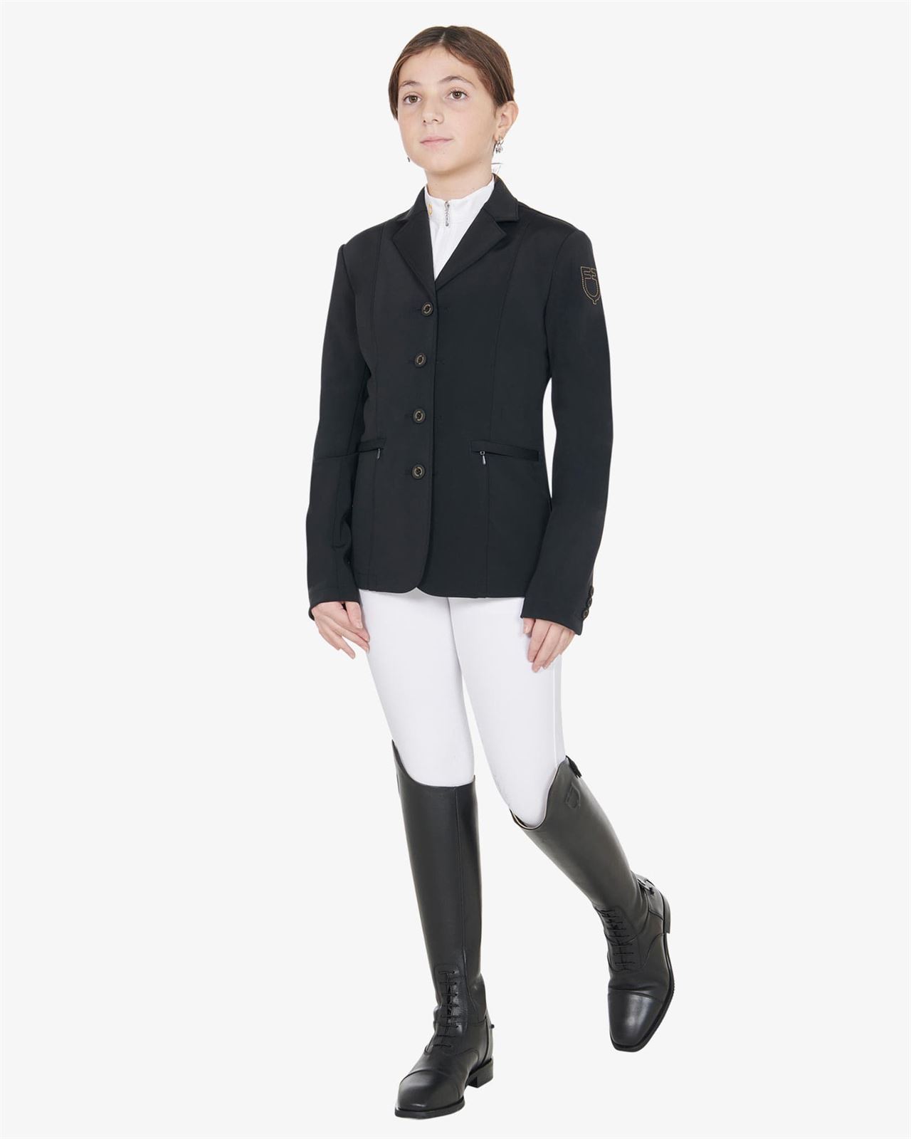 Chaqueta concurso UNISEX INFANTIL EQUESTRO Exclusive color negro logo hombro costura amarilla TALLA 12 - Imagen 3