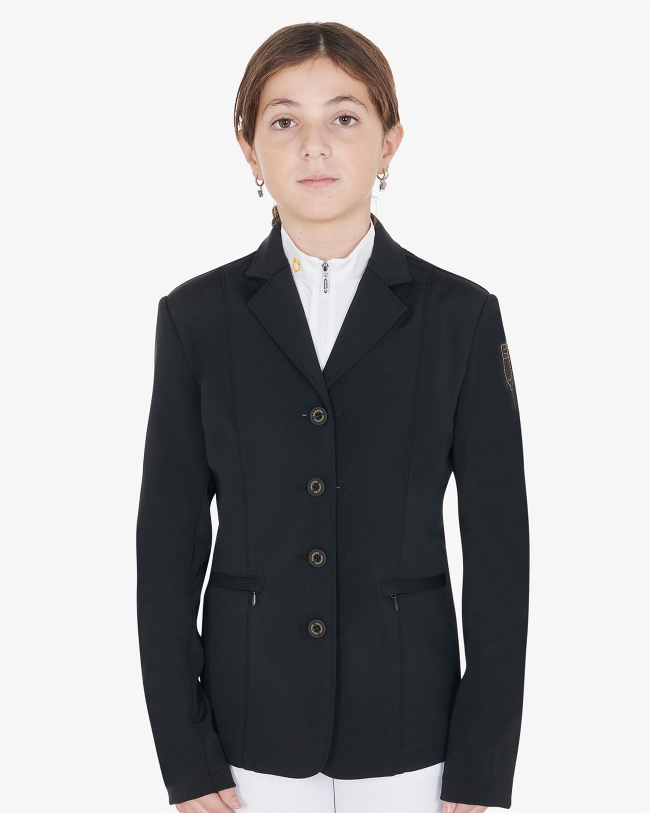 Chaqueta concurso UNISEX INFANTIL EQUESTRO Exclusive color negro logo hombro costura amarilla TALLA 14 - Imagen 4