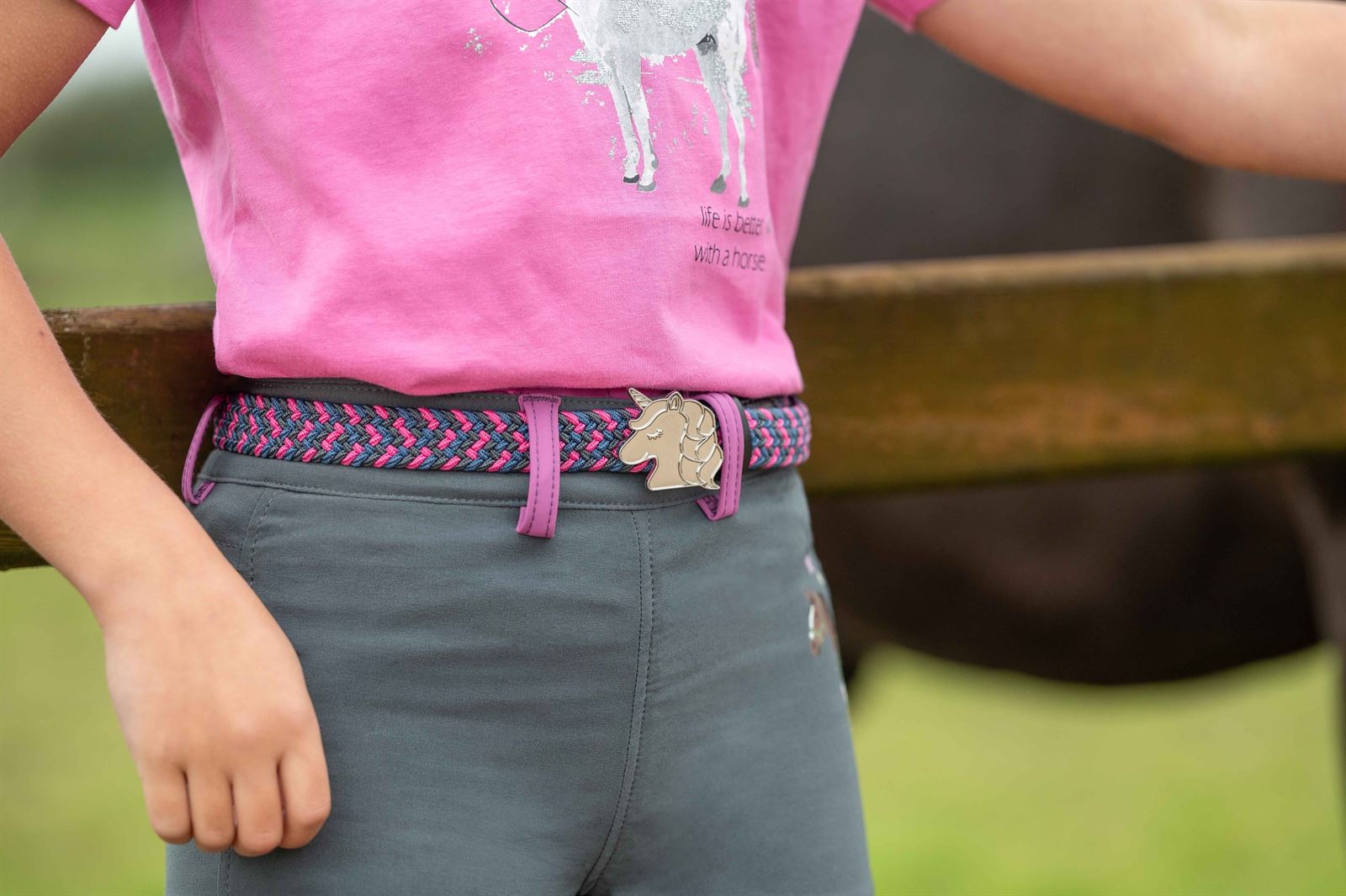 Cinturón elástico HKM Claire Kids color azul marino/rosa hebilla cabeza caballo - Imagen 1