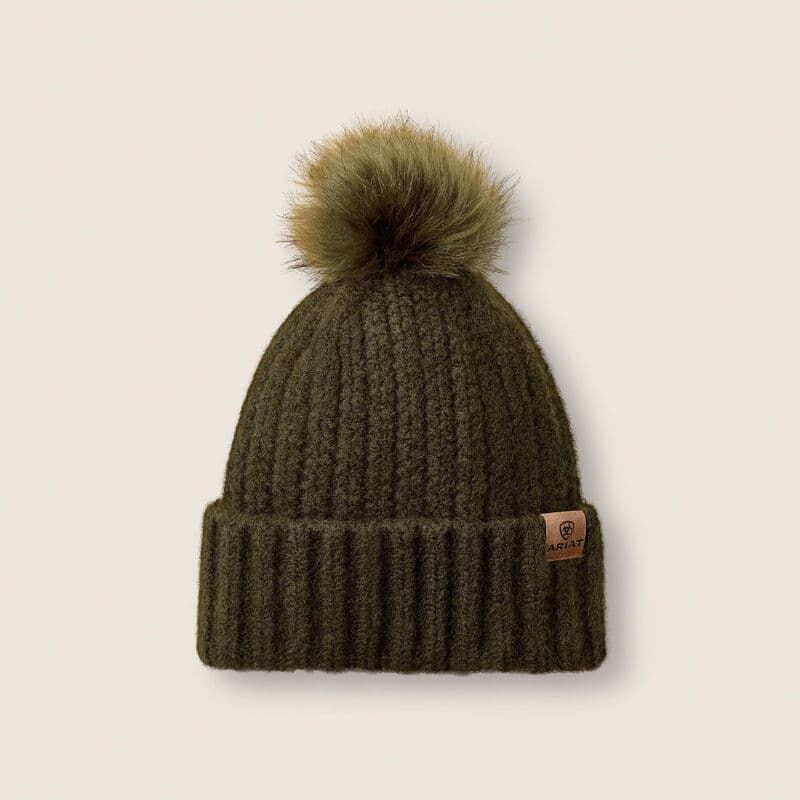 Gorro ARIAT Chilton Beanie color verde kaki, con forro polar y pompón - Imagen 1