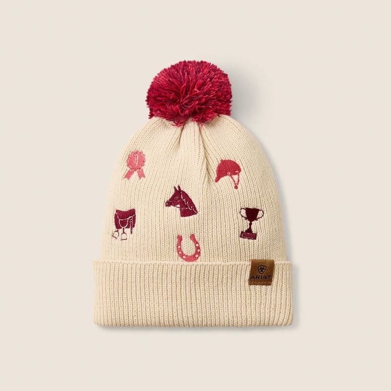 Gorro ARIAT niña Arlo Beanie color beige detalles bordados y pompóm rosa - Imagen 1