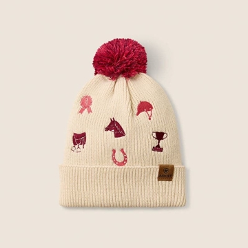 Gorro ARIAT niña Arlo Beanie color beige detalles bordados y pompóm rosa - Imagen 1