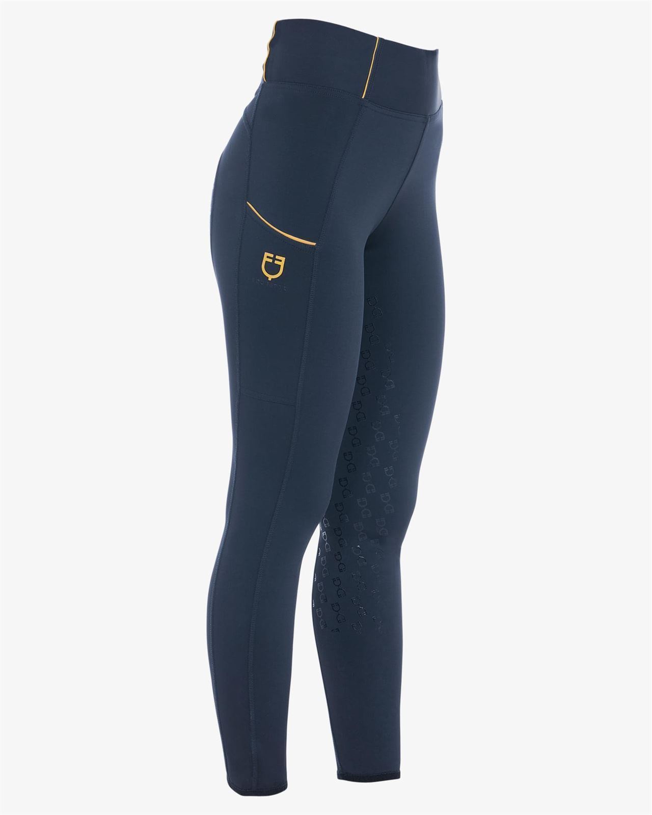 Legging EQUESTRO mujer, grip en culera color azul marino/amarillo - Imagen 4