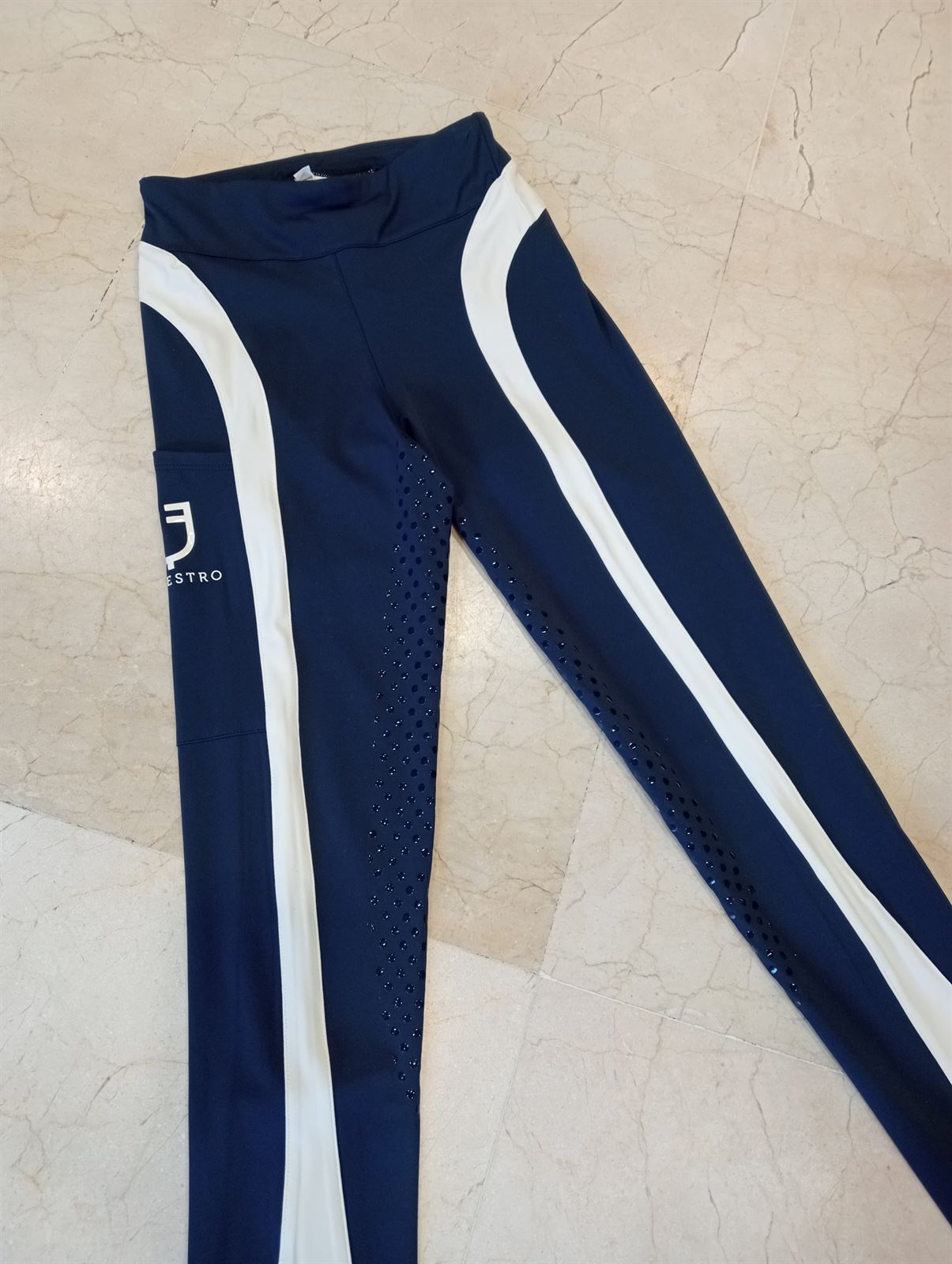 Legging EQUESTRO mujer, grip en culera color azul marino/beige - Imagen 3