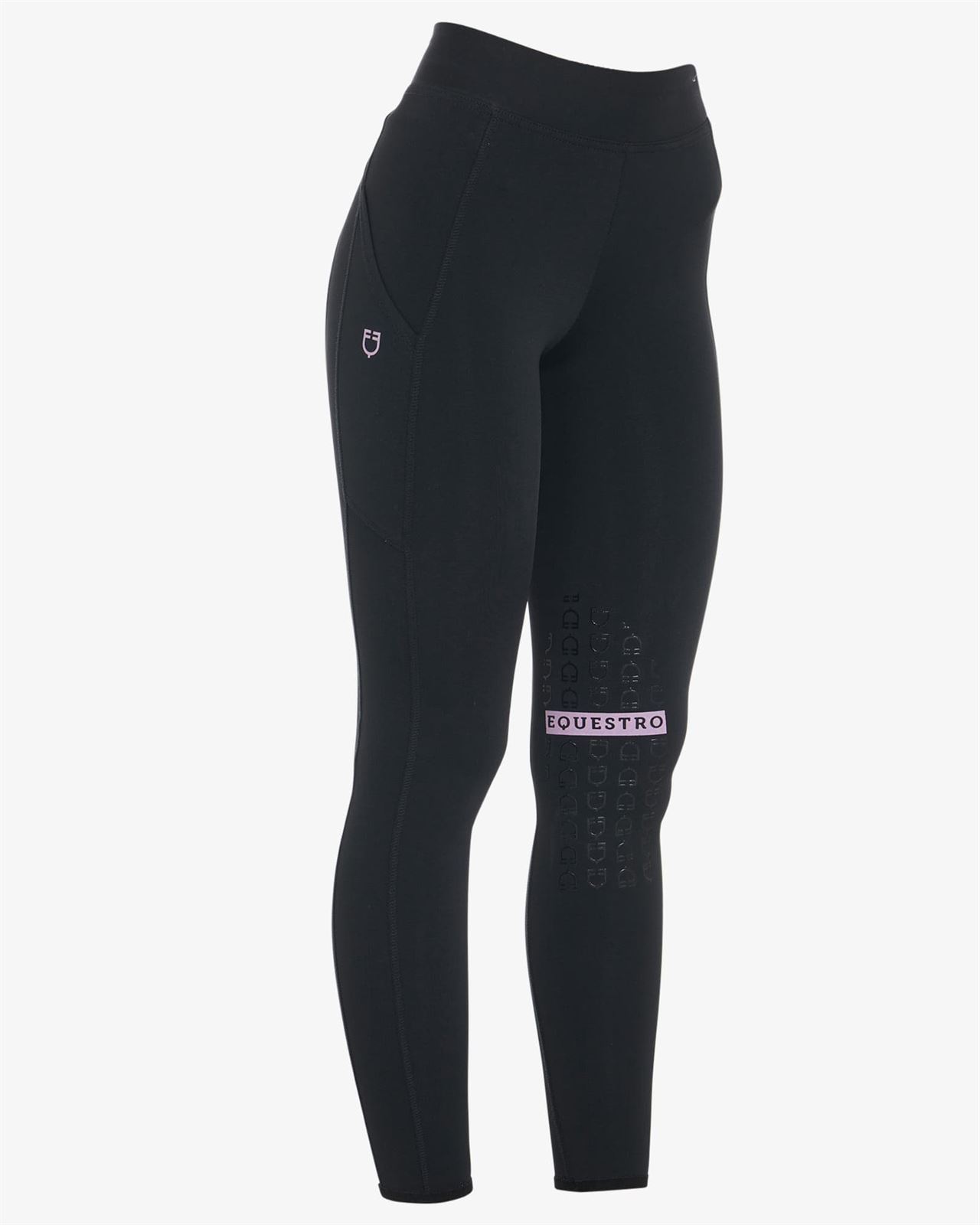 Legging EQUESTRO mujer, grip en rodilla color negro/lila - Imagen 5