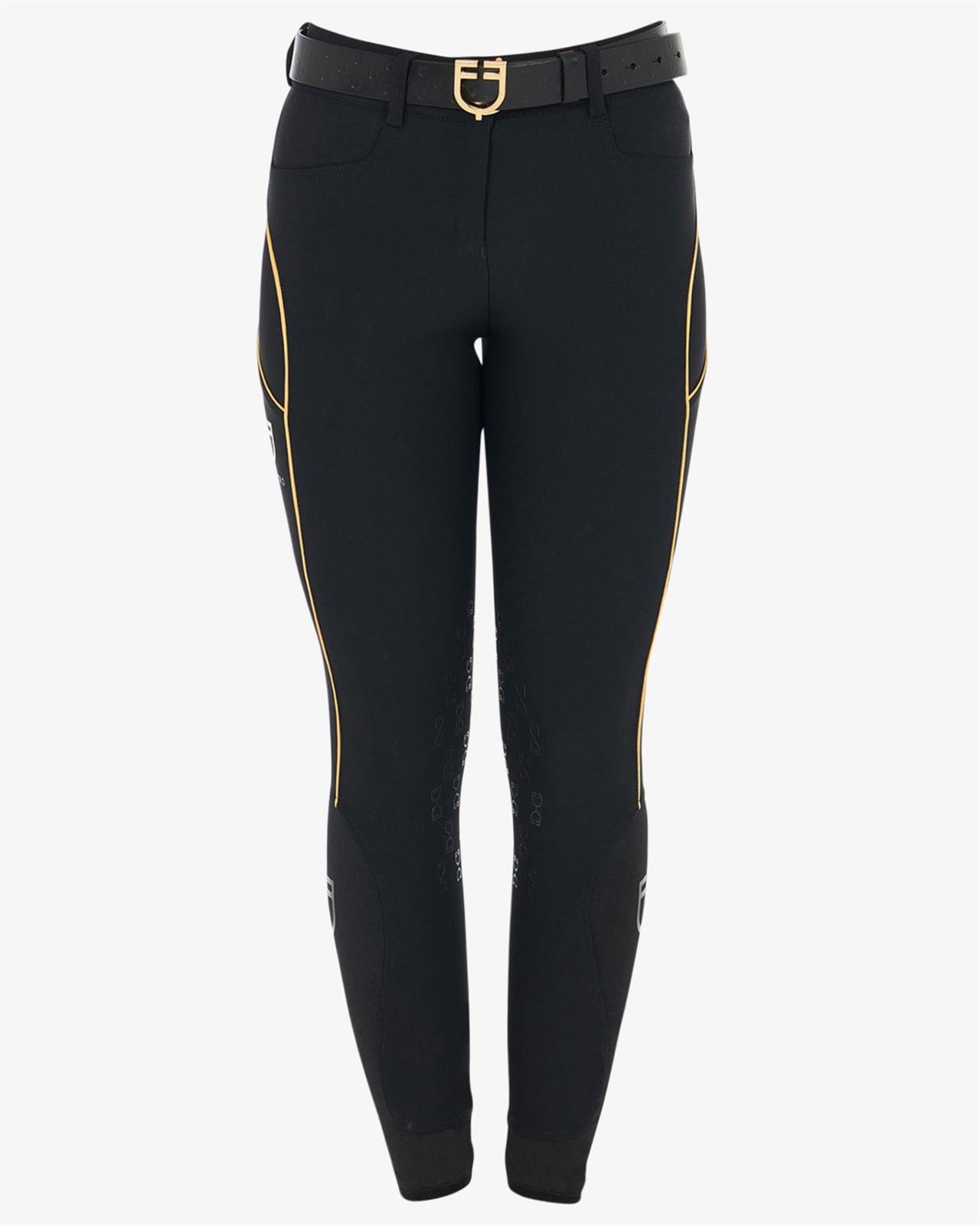 Pantalón EQUESTRO mujer, grip en rodilla color negro/amarillo - Imagen 2