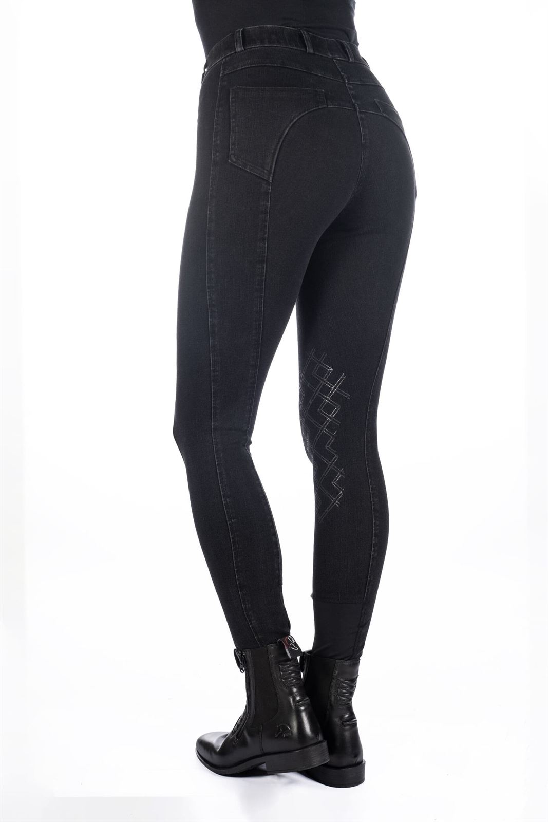 Pantalón mujer HKM Sports Equipment DENIM (vaquero) color negro rodilla grip - Imagen 4
