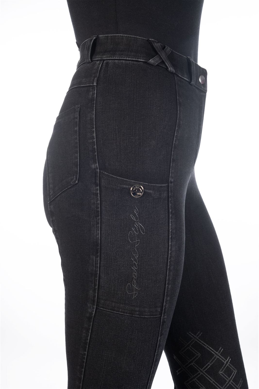 Pantalón mujer HKM Sports Equipment DENIM (vaquero) color negro rodilla grip - Imagen 6