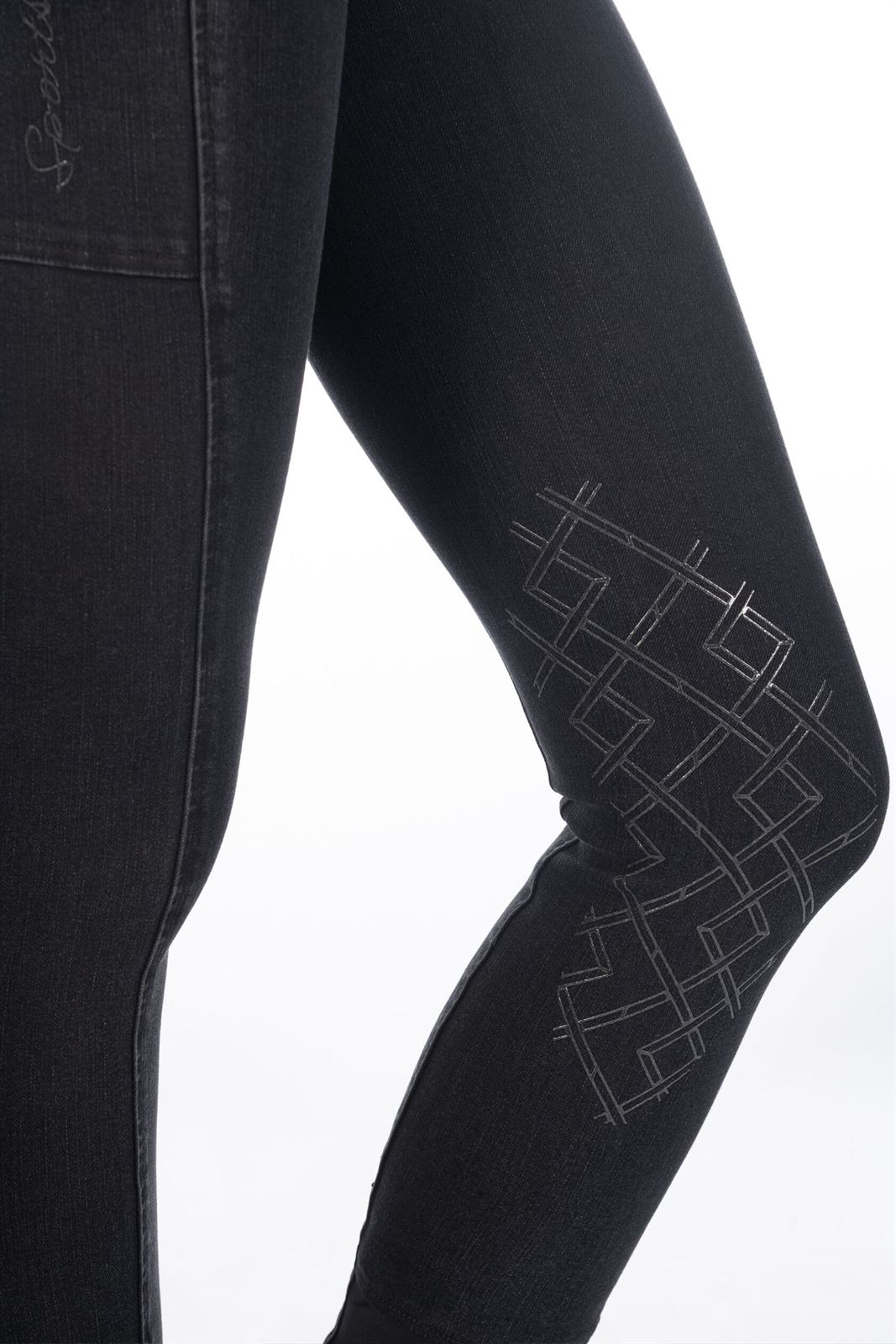 Pantalón mujer HKM Sports Equipment DENIM (vaquero) color negro rodilla grip - Imagen 8