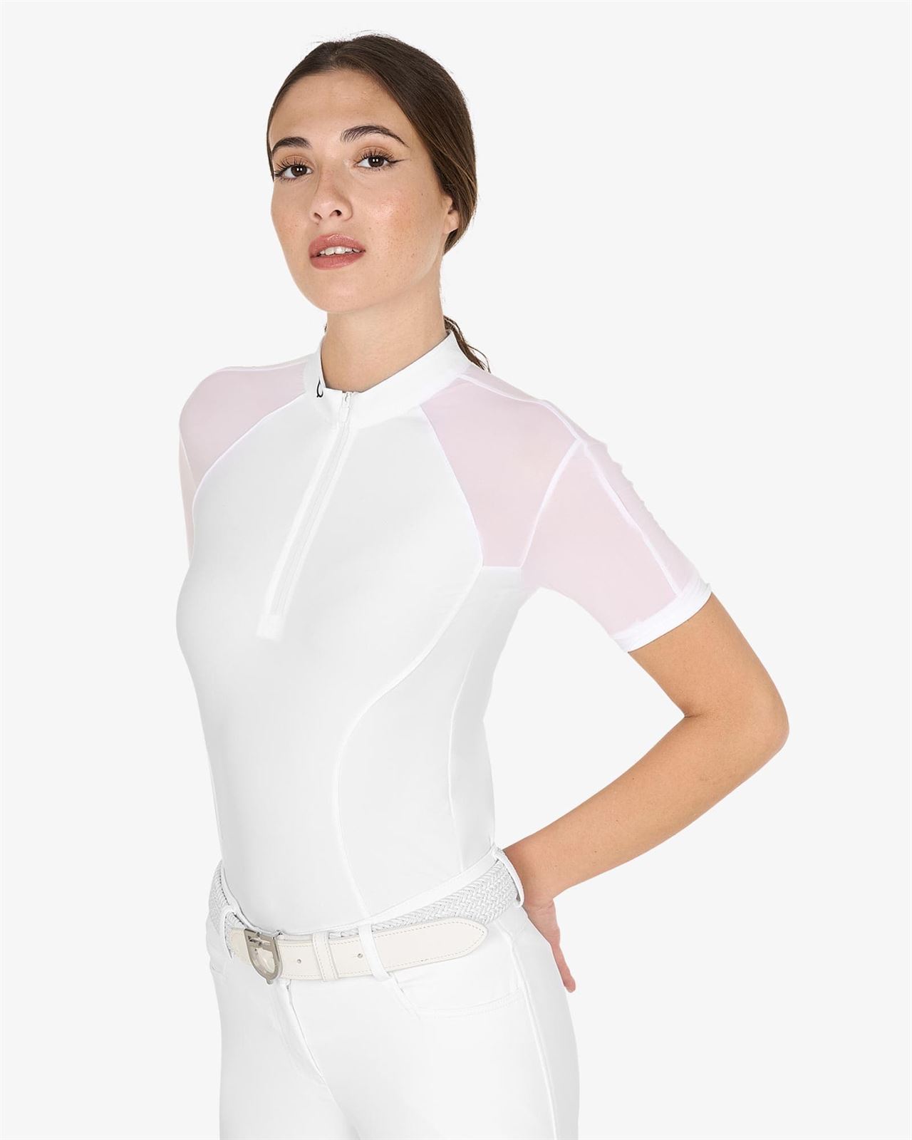 Polo concurso mujer EQUESTRO blanco logo negro, mangas muy finas TALLA M - Imagen 3