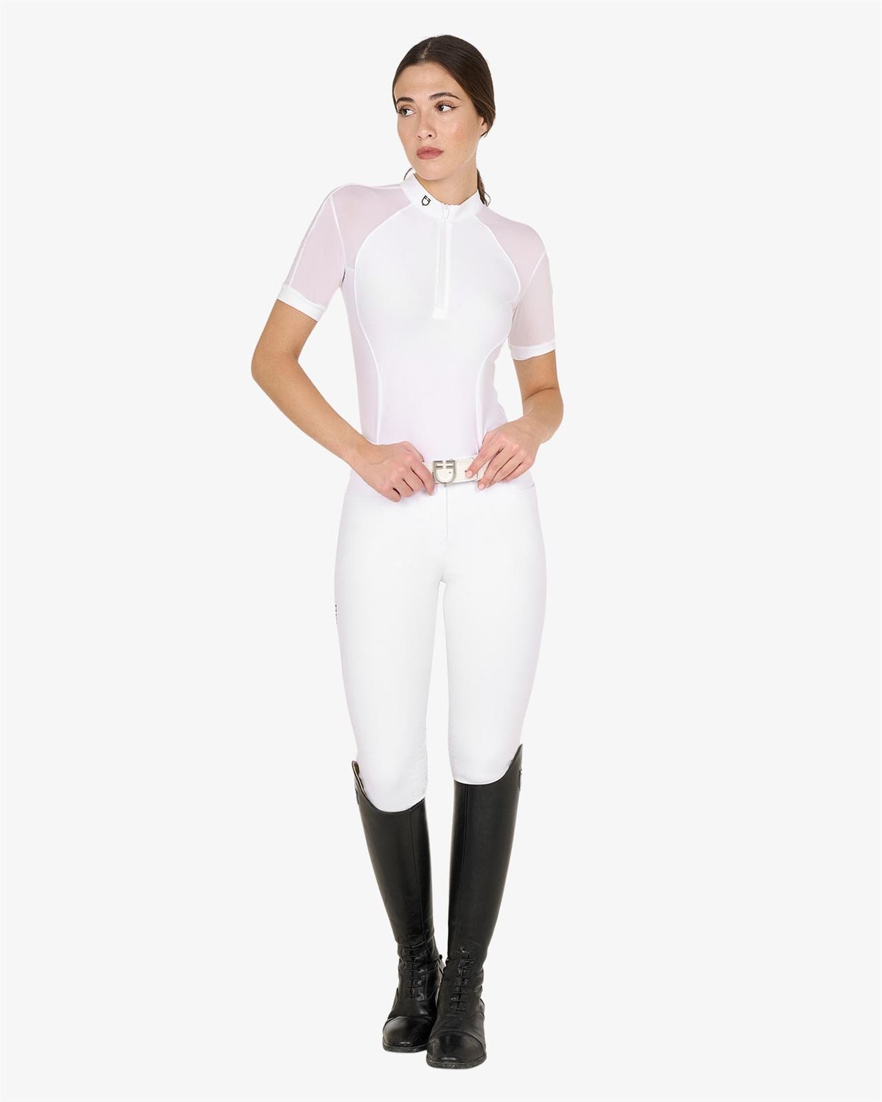 Polo concurso mujer EQUESTRO blanco logo negro, mangas muy finas TALLA M - Imagen 5