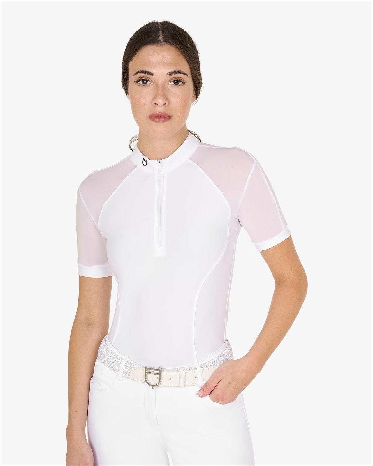 Polo concurso mujer EQUESTRO blanco logo negro, mangas muy finas - Imagen 1
